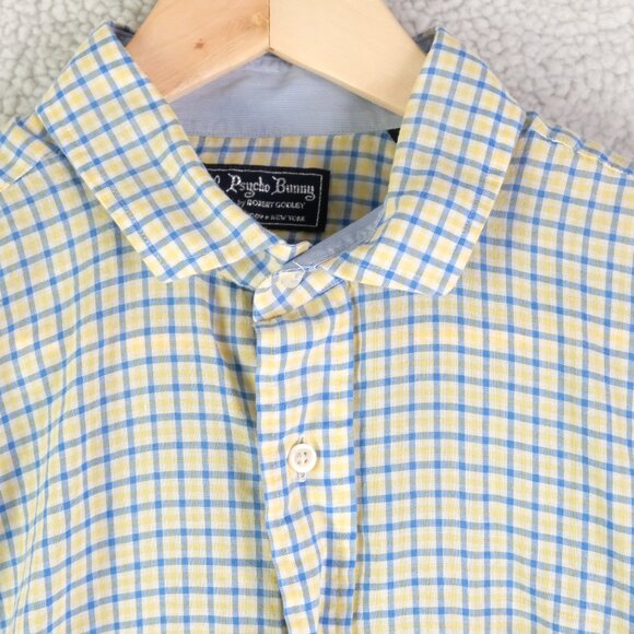 Psycho Bunny Shirt Mens 2 Medium Yellow Blue Button Up Long Sleeve - Picture 2 of 9